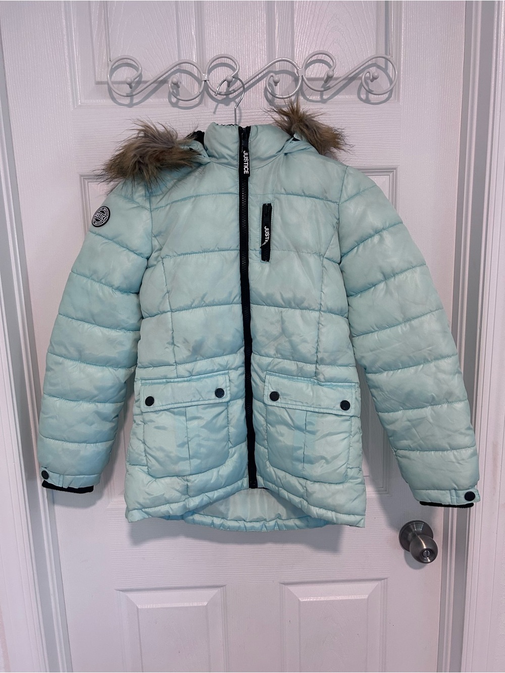 Justice Girls' Light Ice Blue Puffer Coat with Faux Fur Removable Hood Size 8